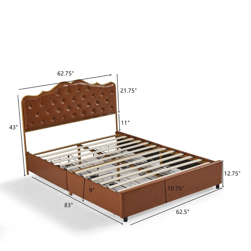 Classic Buckle Backrest Platform Bed with Four Storage Drawers