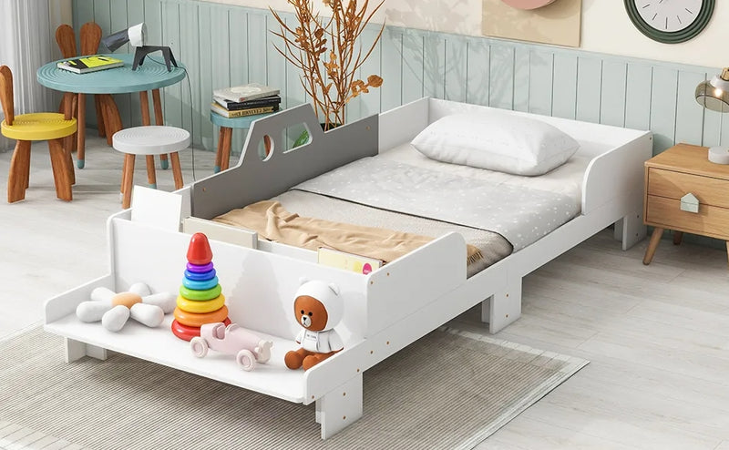 Car-Shaped Twin Bed with Bench, White