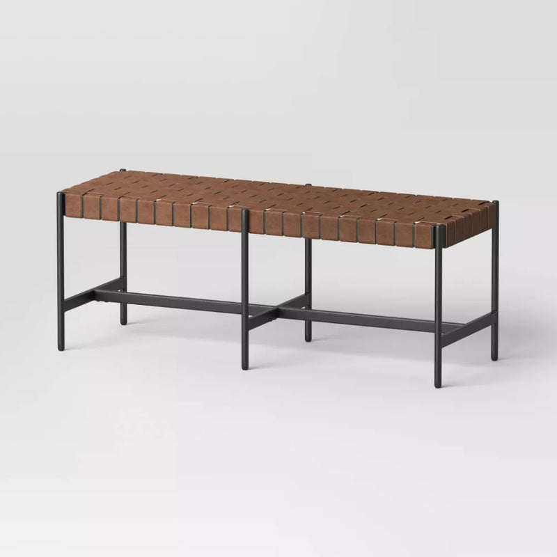 Woven Faux Leather with Metal Base Bench - Brown