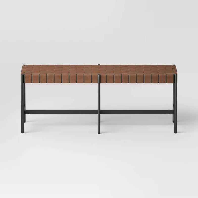 Woven Faux Leather with Metal Base Bench - Brown