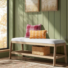 Upholstered Entry Bench with slatted Shelf Cream Boucle