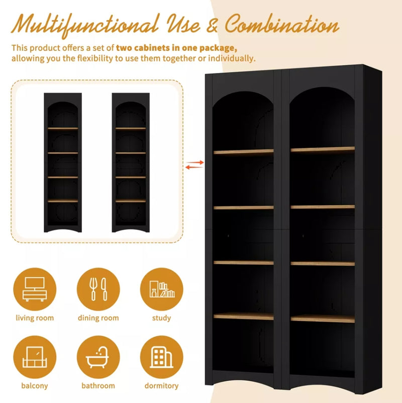 5 Tier Bookcase Bookshelf with Adjustable Shelves - Black (Set of 2)