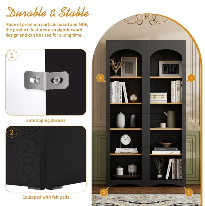 5 Tier Bookcase Bookshelf with Adjustable Shelves - Black (Set of 2)