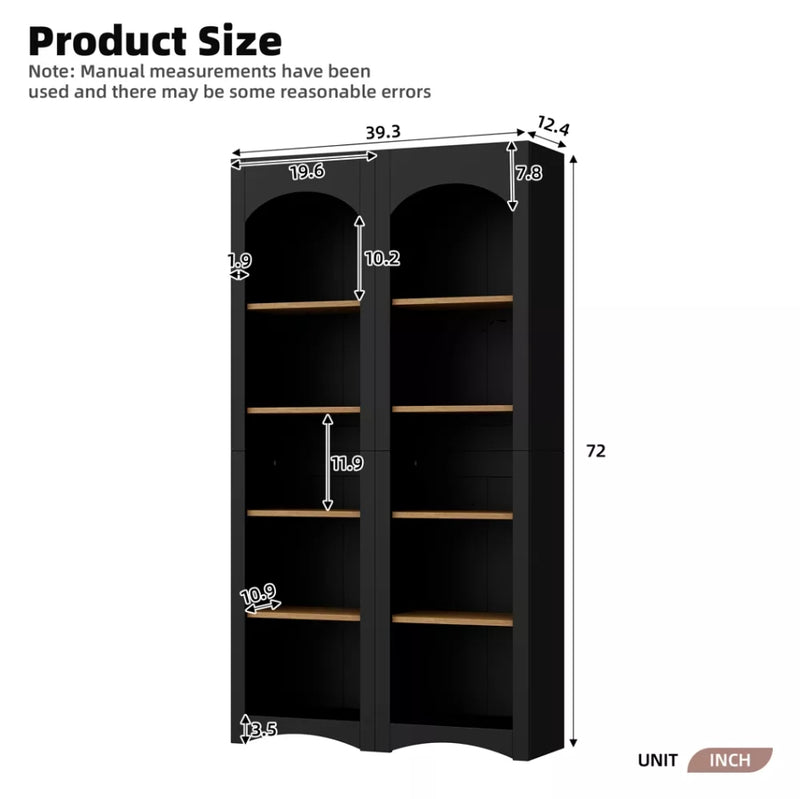 5 Tier Bookcase Bookshelf with Adjustable Shelves - Black (Set of 2)