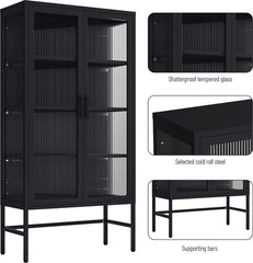 Storage Cabinet with Double Glass Doors - Black