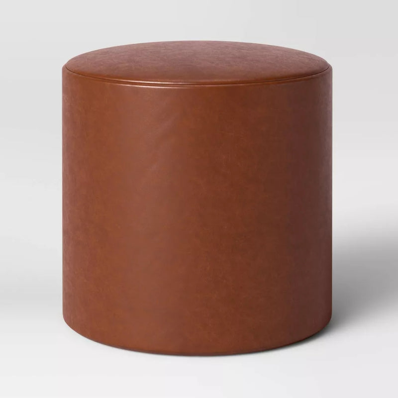 Bodrum Round Upholstered Ottoman - Caramel Faux Leather