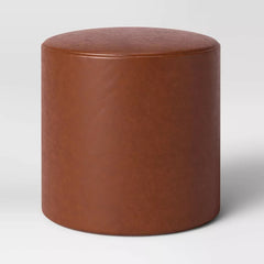 Bodrum Round Upholstered Ottoman - Caramel Faux Leather