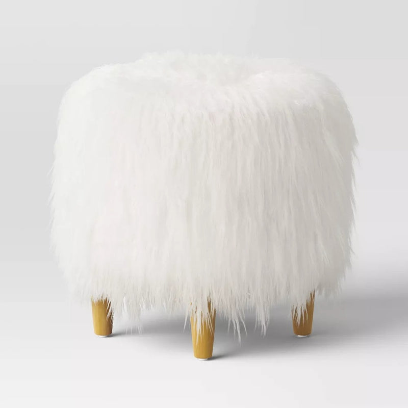 Holley Mongolian Fur/Wood Ottoman Cream