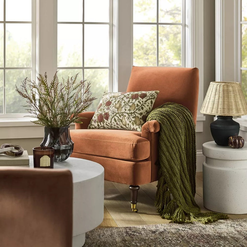 Mercer Rolled Upholstered Armchair with Casters Rust Wichita Home Outlet