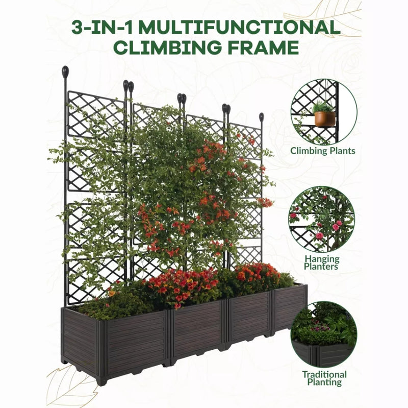 Plastic Planter Box Set with Metal Trellis - Black