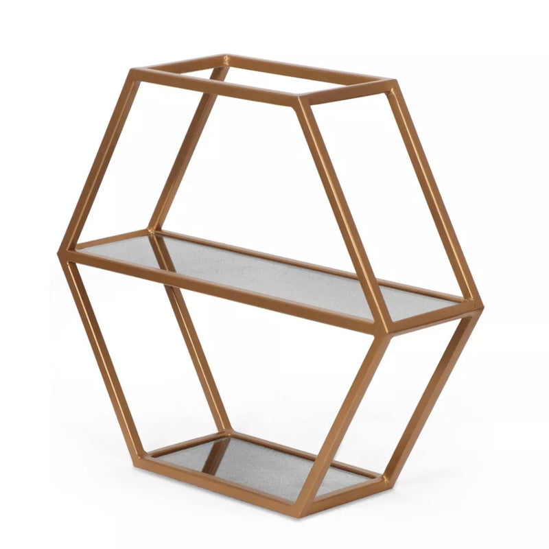 17" Lepley Modern Glam Handcrafted Glass 2 Shelf Hexagonal Shelf - Antique Gold