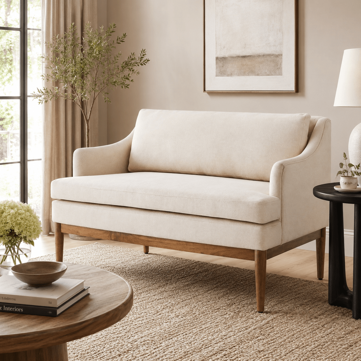 Howell Upholstered Loveseat with Wood Base - Cream - Wichita Home Outlet