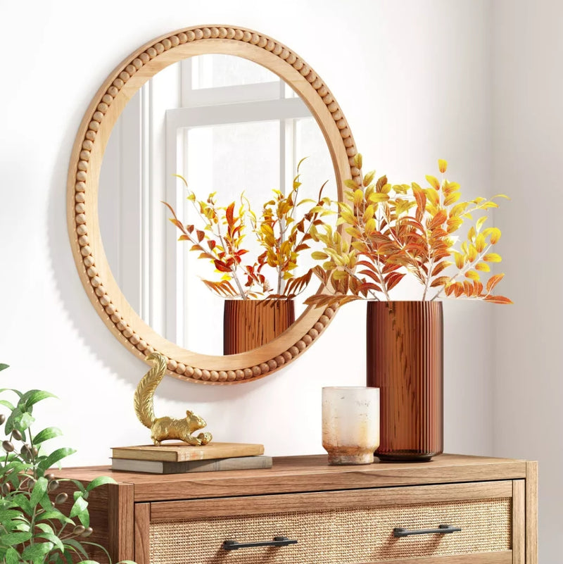 28" Dia Round Wooden Beaded Wall Mirror - Natural