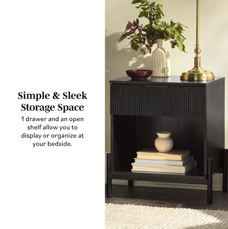 Modern Boho Fluted 1 Drawer Storage Nightstand - Black