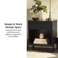Modern Boho Fluted 1 Drawer Storage Nightstand - Black