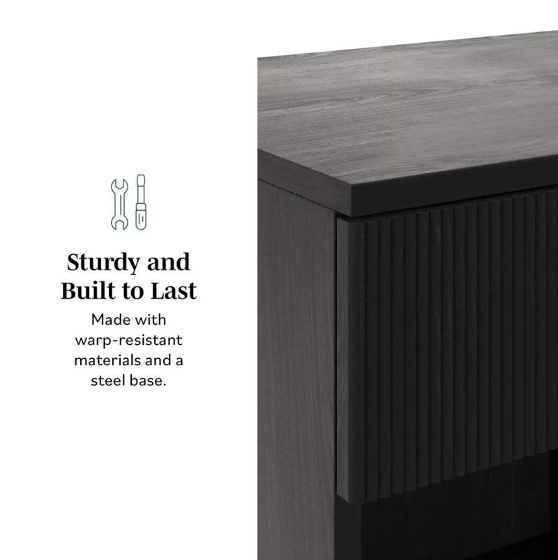 Modern Boho Fluted 1 Drawer Storage Nightstand - Black
