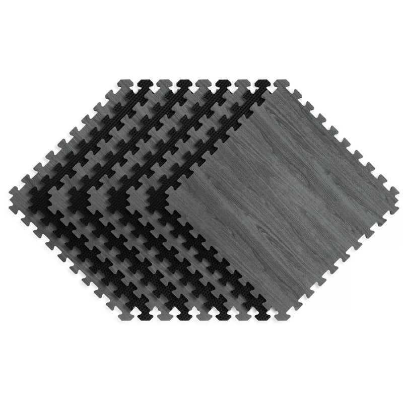 Norsk 25" x 25" Reversible Foam Flooring, Gray Wood & Black, 9 Tiles