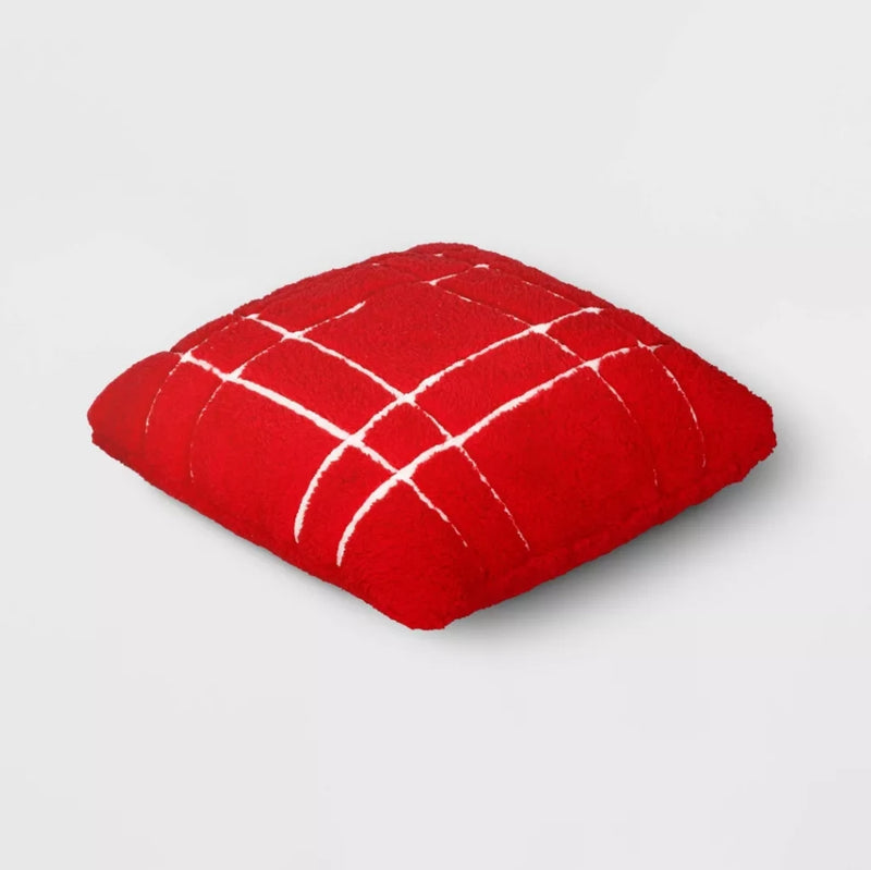 Faux Shearling Plaid Square Throw Red/White