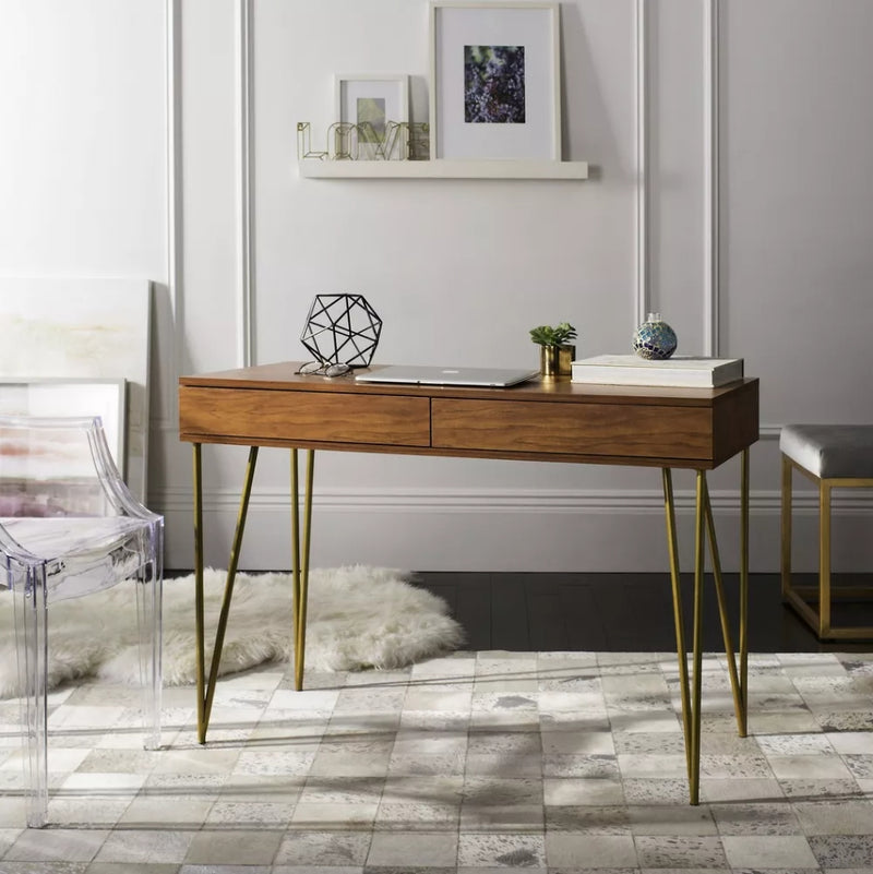 Pine Two Drawer Desk - Natural/Gold