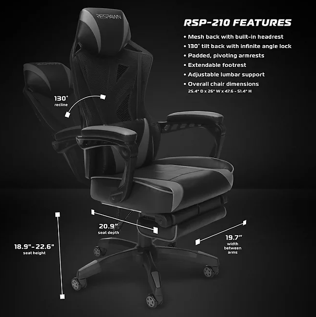 RESPAWN 210 Mesh Back Racing Style Gaming Chair Gray Wichita Home