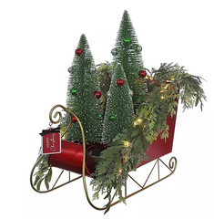 Pre-Lit Decorative Metal Sleigh with Trees - Red