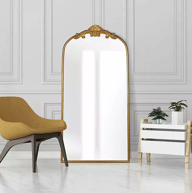 Filigree Floor Mirror, Gold Metal Frame