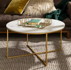 36 in. White/Gold Medium Round Faux Marble Coffee Table