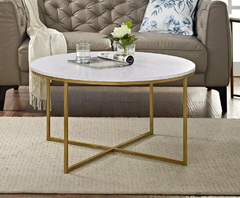 36 in. White/Gold Medium Round Faux Marble Coffee Table