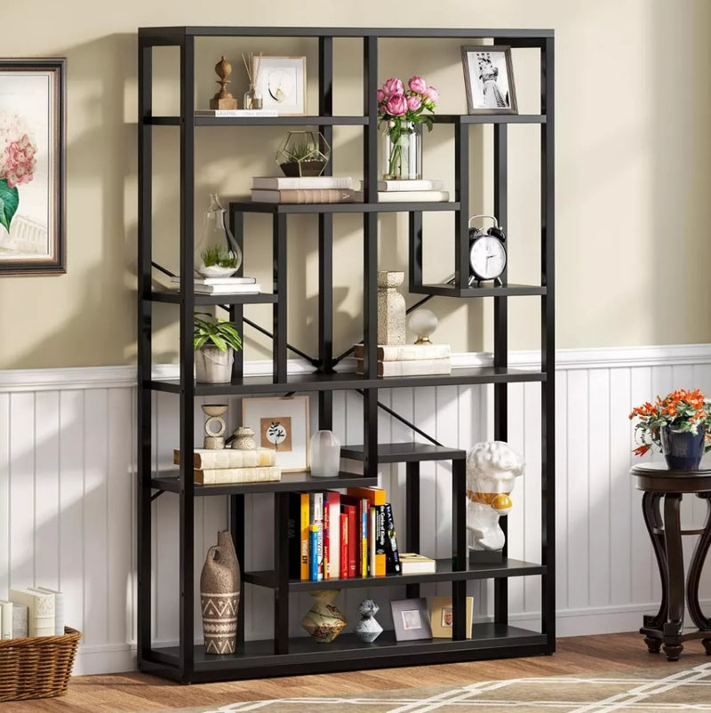 71" 9 Tier Geometric Bookcase - Black