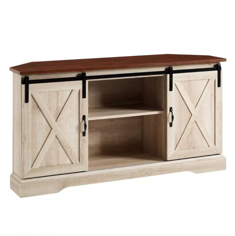 Robinson Rustic Transitional Sliding Barn Door Corner TV Stand - Brown/White Oak