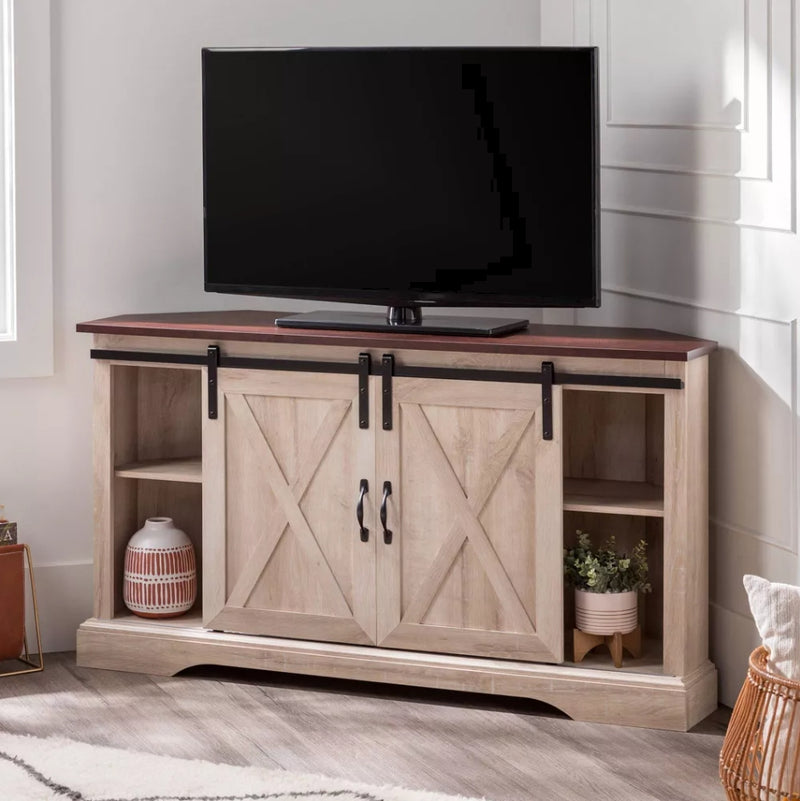 Robinson Rustic Transitional Sliding Barn Door Corner TV Stand - Brown/White Oak