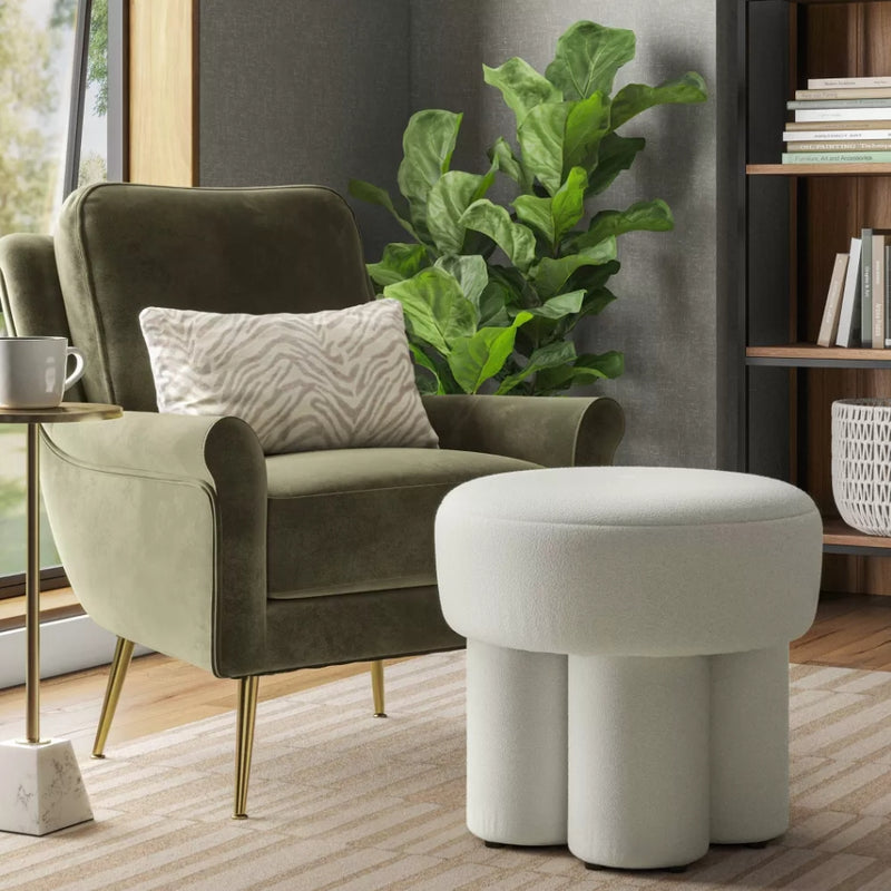 Boucle Fully Upholstered Accent Ottoman Stool - Cream