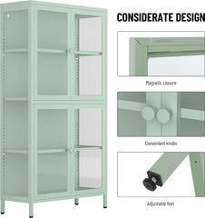 4-Tier Display Cabinet with Glass Doors - Green