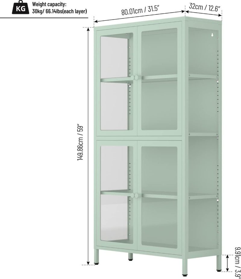 4-Tier Display Cabinet with Glass Doors - Green