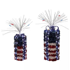 Pre-Lit Sparkling Red White & Blue Tinsel Décor, Set of 2