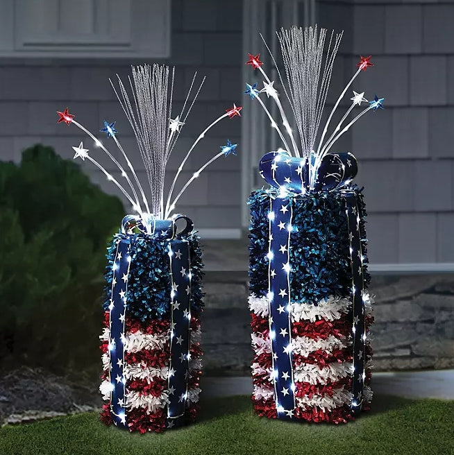 Pre-Lit Sparkling Red White & Blue Tinsel Décor, Set of 2