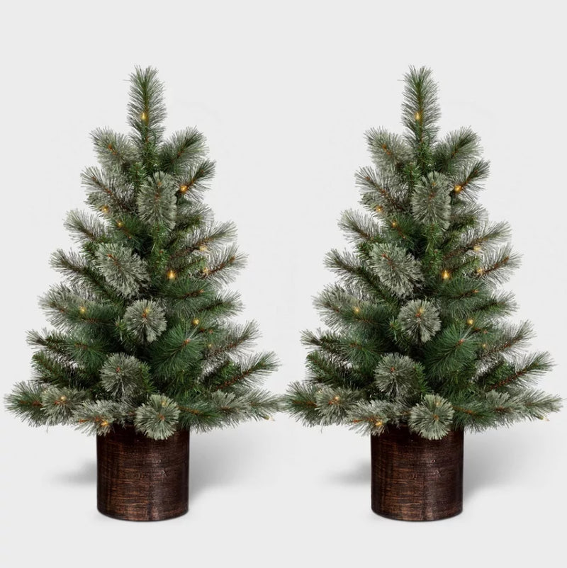 2pc 3' Pre-Lit Virginia Pine Potted Mini Artificial Christmas Tree Clear Lights