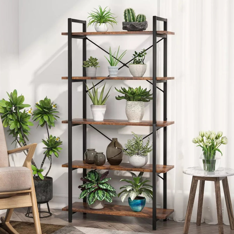 5-Tier Bookshelf Industrial Bookcase - Rustic Brown