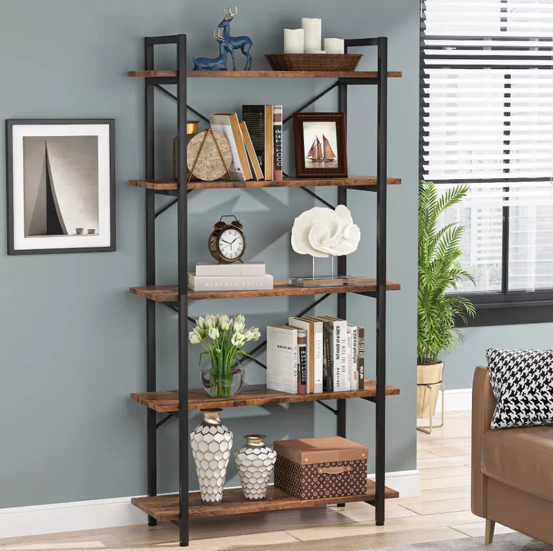 5-Tier Bookshelf Industrial Bookcase - Rustic Brown