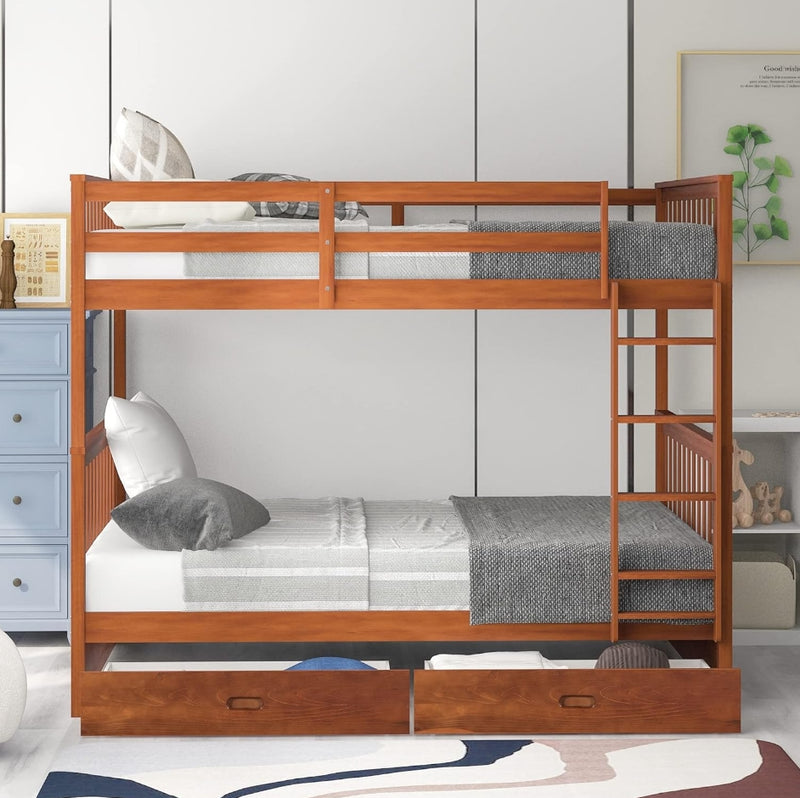 Twin Over Twin Bunk Bed With Ladders And Two Storage Drawers - Walnut