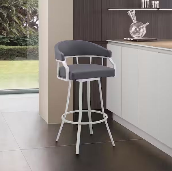 Valerie 30 in. Gray/Silver High Back Metal Swivel Bar Stool with Faux Leather Seat