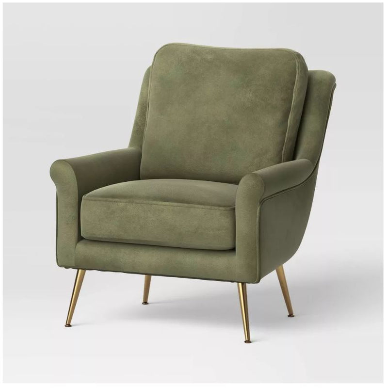 Carmine Luxe Arm Accent Chair with Brass Legs - Sage Green Velvet