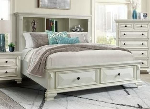 Calloway White Queen Bookcase Storage Bed