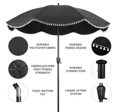 9' Patio Umbrella with Black Canopy and White Fringe Accents