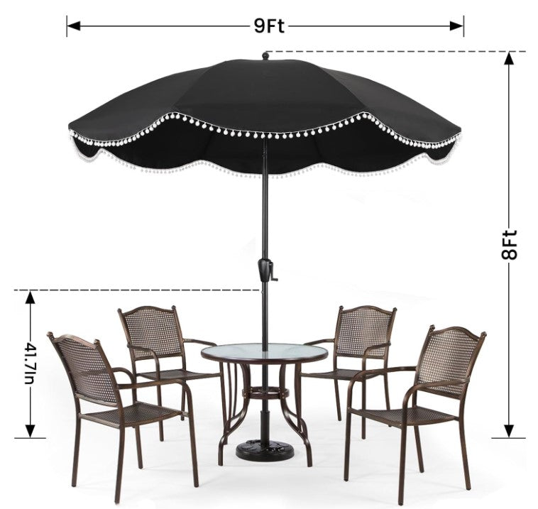 9' Patio Umbrella with Black Canopy and White Fringe Accents