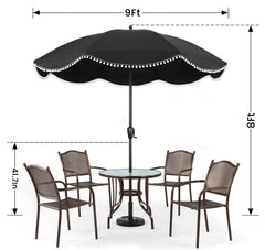 9' Patio Umbrella with Black Canopy and White Fringe Accents