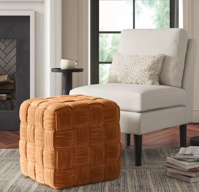Square Woven Fabric Pouf - Cream