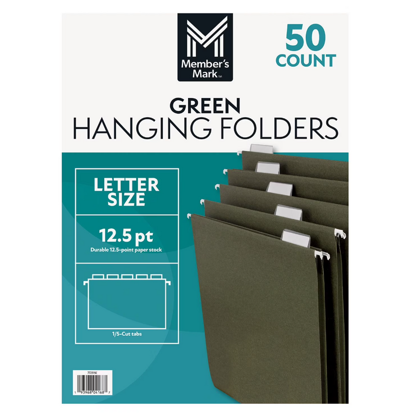 Hanging File Folders, Letter, 1/5-Cut Tabs, Green, 50/Box
