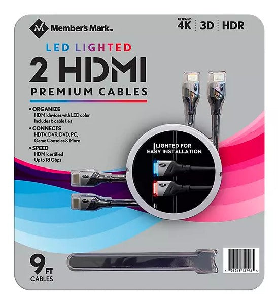 9FT LED Lighted HDMI Premium Cables 2 Pack