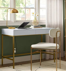 Loring Wood Writing Desk with Drawers and Charging Station - White